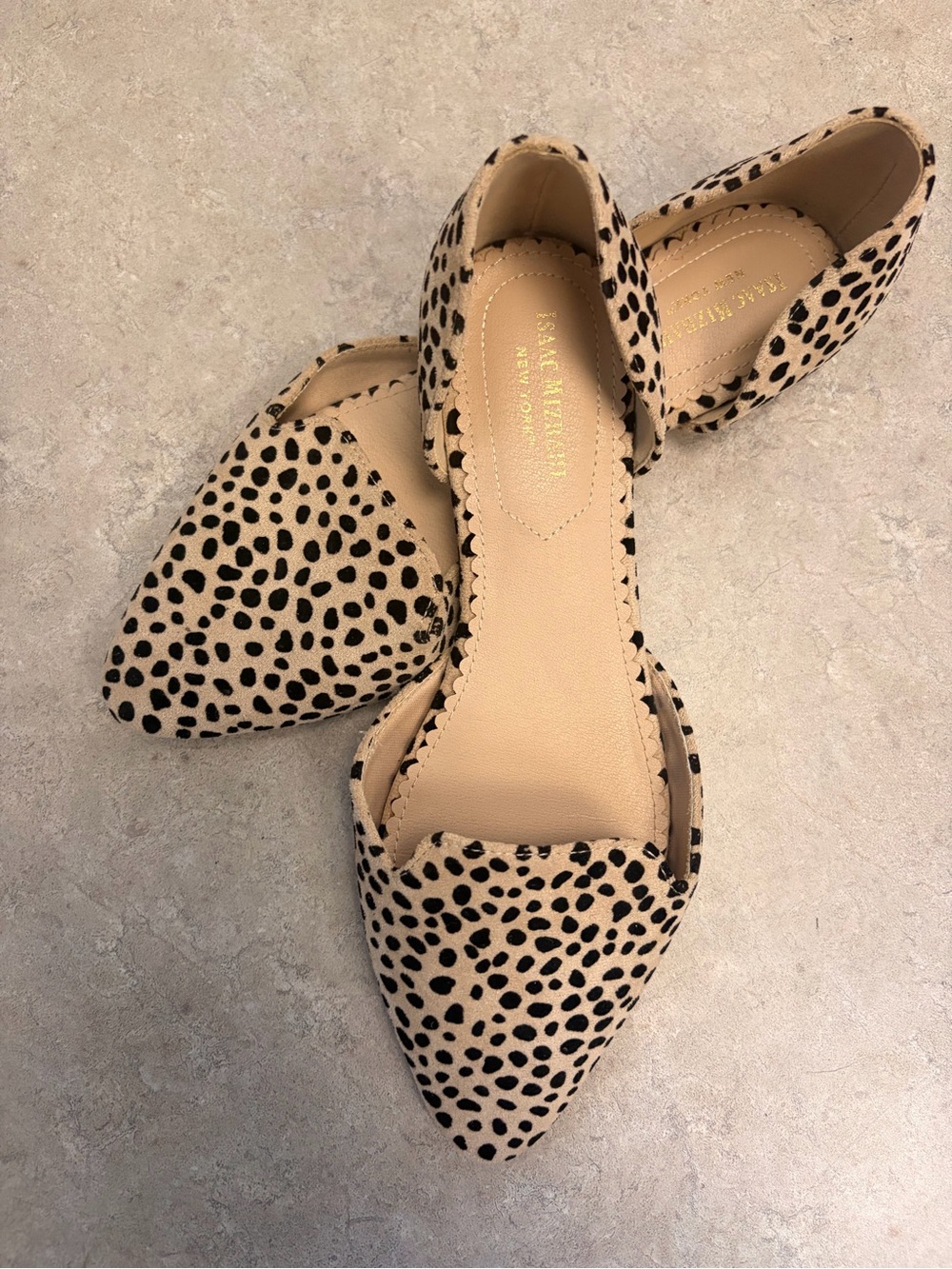 Isaac Mizrahi Beige and Black Spotted Pointed D'Orsay Flats